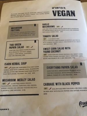 Vegan menu section as of July 2019 at Isarn Thai Soul Kitchen in Kirkland