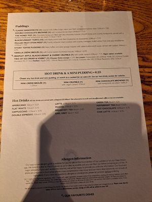 Menu - desserts and drinks at The Anchor in Wolverhampton