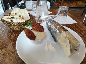 Tchi kofta galette & hummus-falafel entrée at Restaurant Vege in Paris