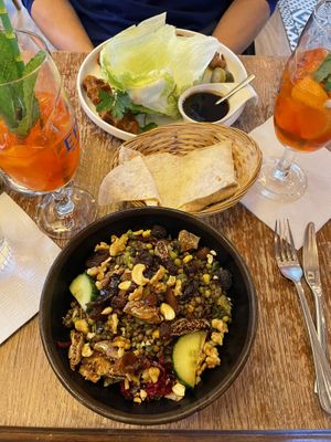 Koftas, lentil salad and two wonderfully strong aperols   at Restaurant Vege in Paris