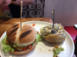 Vegetarian burger and potato at Restaurant Vege in Paris
