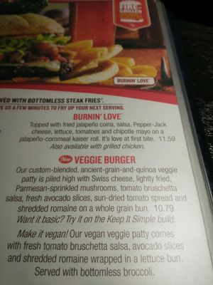 Vegan Menu option at Red Robin in Fort Worth