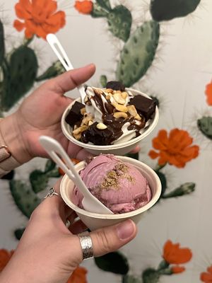Blackberry lemon cheesecake (seasonal) and chaga hot fudge sundaee  at Frankie & Jo's - Ballard in Seattle