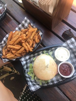 Veggie burger and sweet potato fries  at N17 Burger Co in Port Douglas