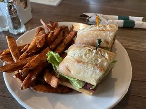 Borealis burger with yam fries  at Tundra Inn in Churchill
