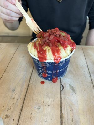 Berry Bliss Açaí Bowl with added peanut butter   at Buddha-Full - Northwoods Village in North Vancouver