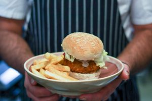 New menu item. 
Beefless Croquette Burger with house seasoned chips at VegOut on Charles in Launceston