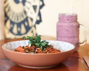 Risotto & superman mixed berry smoothie at VegOut on Charles in Launceston