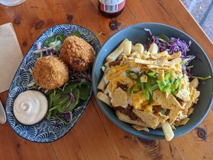 Mac and Jackfruit Croquettes and Loaded Fries at VegOut on Charles in Launceston