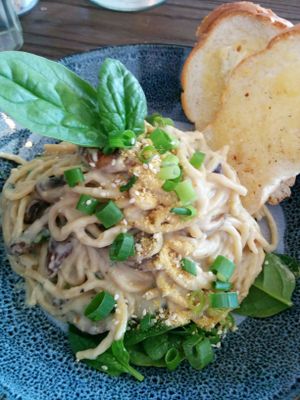creamy garlic and herb pasta at VegOut on Charles in Launceston