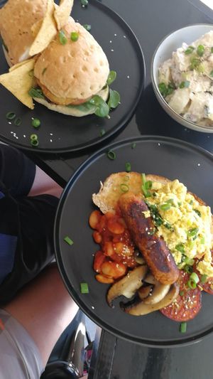 Scrambled tofu, potato salad and the foccasia at VegOut on Charles in Launceston