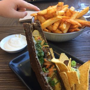 Rye sandwich and seasoned chips  at VegOut on Charles in Launceston