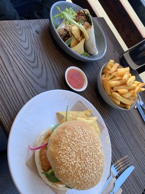 Burrito, chips, burger at VegOut on Charles in Launceston