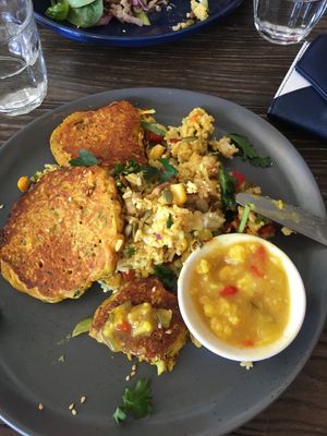 Vegetables fritters w curried rice salad at VegOut on Charles in Launceston