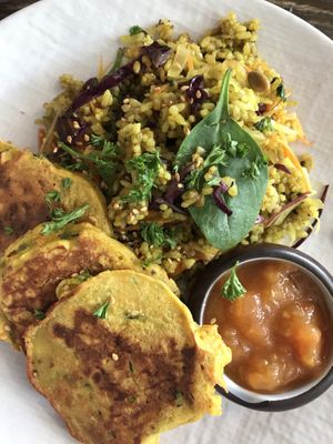 Zucchini fritters and salad - gf at VegOut on Charles in Launceston