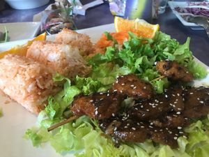 Delicious vegan grilled pork on a stick. Sweet and savory. The taste and texture is amazing! Highly recommend. at Sweet Lemon Vegan Bistro in Portland