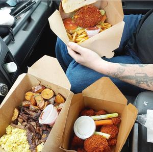 Steak and eggs, cauliflower buffalo wings, and spicy chik'n sandwich at The Modern Vegan in Las Vegas
