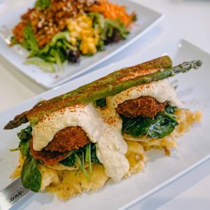 Crab cake Benedict and Thailand salad at The Modern Vegan in Las Vegas