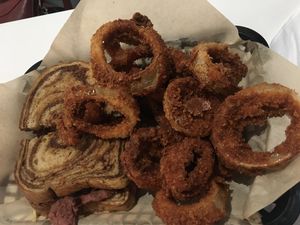 Vegan Ruben and onion rings  at The Modern Vegan in Las Vegas