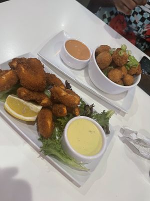 Potato balls and fried shrimp. Shrimp was the best thing I tried.  at The Modern Vegan in Las Vegas