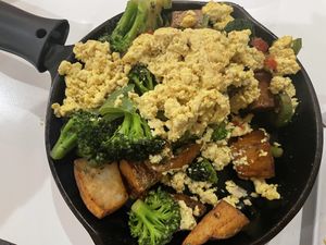 Skillet with tofu eggs  at The Modern Vegan in Las Vegas