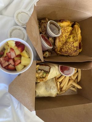 French toast sandwich, fruit, and chick’n and max n cheese wrap (not pictured, the Cosmopolitan smoothie) and some sides of ranch.  at The Modern Vegan in Las Vegas