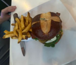 Shrimp burger and  fries   at The Modern Vegan in Las Vegas