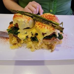 "Crab" cakes Benedict at The Modern Vegan in Las Vegas