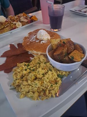 Pancakes, 'bacon', scrambled tofu and potatoes at The Modern Vegan in Las Vegas