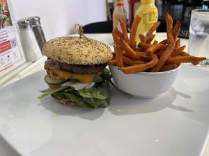 The girlfriend w sweet potato fries   at The Modern Vegan in Las Vegas