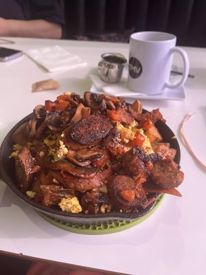 Skillet - bacon sausage mushrooms and tomatoes   at The Modern Vegan in Las Vegas