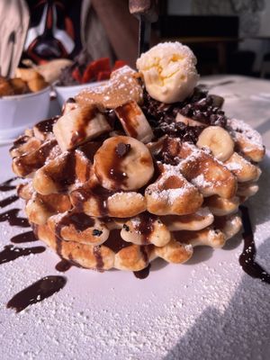 The Ex - waffles topped with bananas, chocolate chips, peanut butter, and chocolate sauce   at The Modern Vegan in Las Vegas
