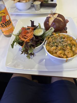 Bbq chicken sandwich, mac & cheeze, side salad, and kombucha   at The Modern Vegan in Las Vegas