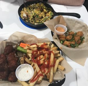 Yum! #4 skillet (so good!), popcorn chick’n and bbq cauliflower wings  at The Modern Vegan in Las Vegas