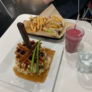 Chicken and waffles. Fish tacos. Smoothie...for health. :  at The Modern Vegan in Las Vegas