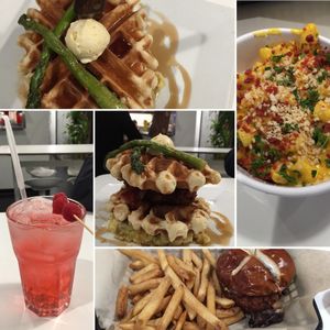 Chx n waffles, baked Mac n cheese, buffalo chx burger.  at The Modern Vegan in Las Vegas