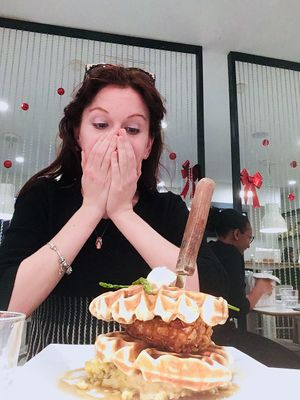 The Chicken N Waffles w mashed potatoes on the bottom!! at The Modern Vegan in Las Vegas