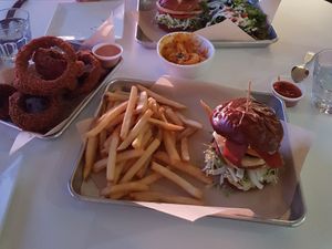 Onion rings, fries, double beyond meet burger at The Modern Vegan in Las Vegas