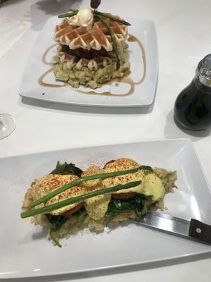 Chicken and waffles / crab cake Benedict  at The Modern Vegan in Las Vegas