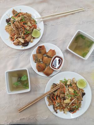 Pad Thaï: 40B. 2 spring rolls: 20B. Free small soup. at Veg Restaurant in Ayutthaya