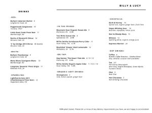Drinks menu at Billy & Lucy in Fitzroy