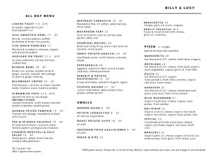 All day menu at Billy & Lucy in Fitzroy