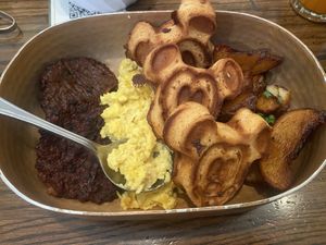 Vegan Mickey Waffles, Just Egg Scramble, and the best vegan breakfast sausage I have ever tasted 😋  at Walt Disney World - Tusker House Restaurant in Lake Buena Vista