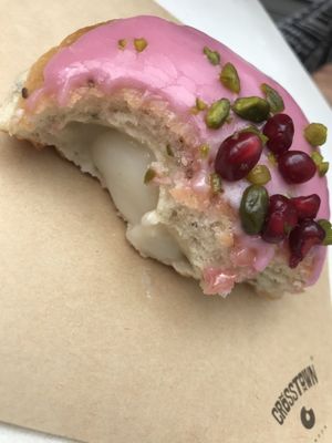 Orange blossom donuts with pomegranate & pistachio  at Crosstown Doughnuts Vegan in London