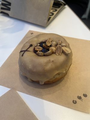 peanut butter and current jam donut  at Crosstown Doughnuts Vegan in London