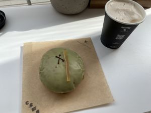 Amazing tequila, lime and yuzu doughnut, and chai latte    at Crosstown Doughnuts Vegan in London
