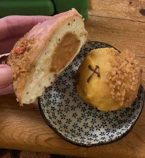 We brought home the guava custard strawberry glazed doughnut (left) and the chai spice custard apricot glazed (right)  at Crosstown Doughnuts Vegan in London