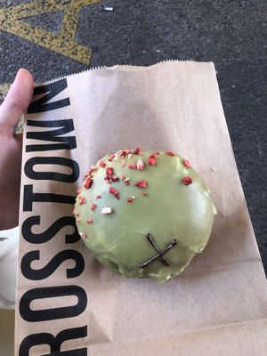 Matcha strawberry donut with rhubarb filling😻  at Crosstown Doughnuts Vegan in London