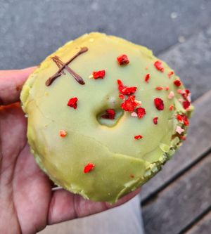 Pistachio & strawberry doughnut at Crosstown Doughnuts Vegan in London