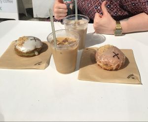 Chai Latte Iced and Coffee Iced. Apple pie and Cocos at Crosstown Doughnuts Vegan in London